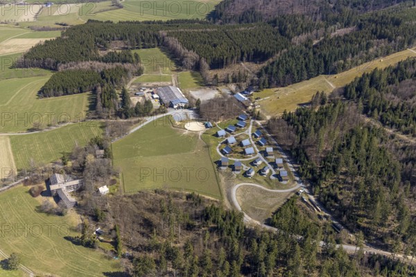 Aerial view, mountain village LiebesGrün and youth hostel, Schmallenberg, Sauerland, North Rhine-Westphalia, Germany, mountain chalets, mountain huts, DE, Europe, hostel, Lenninghof, aerial view, aerial photography, aerial photography, Rai training centre Sauerland, riding school, overview, holiday area, bird's eye view, birds-eyes view, overview, overnight stay