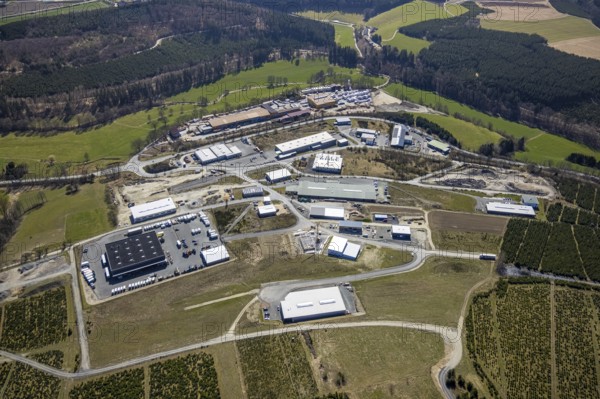 Aerial view, industrial park Hochsauerland, federal road B511, Wormbach, Schmallenberg, Sauerland, North Rhine-Westphalia, Germany, Bettenkamp, DE, Dickel-Holz GmbH, Europe, commercial enterprises, commercial area, commercial park, commercial location, commercial use, industrial area, industrial building, industrial location, aerial photograph, aerial photography, aerial photography, overview, bird's-eye view, bird's-eye view, overview