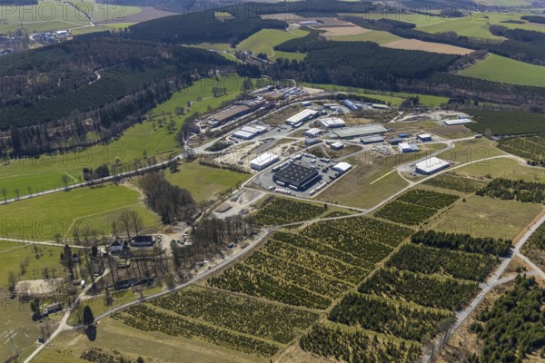 Aerial view, industrial park Hochsauerland, federal road B511, Wormbach, Schmallenberg, Sauerland, North Rhine-Westphalia, Germany, Bettenkamp, DE, Dickel-Holz GmbH, Europe, commercial enterprises, commercial area, commercial park, commercial location, commercial use, industrial area, industrial building, industrial location, aerial photograph, aerial photography, aerial photography, overview, bird's-eye view, bird's-eye view, overview