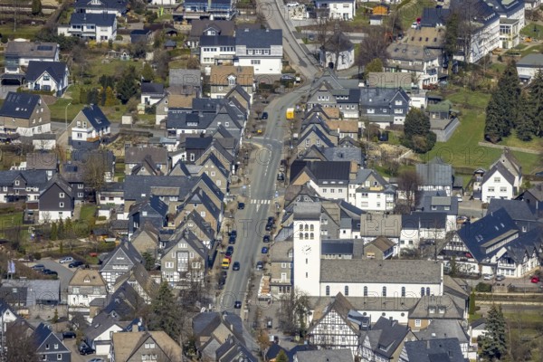 Aerial view, Catholic parish church of St George in Fredeburg, Schmallenberg, Sauerland, North Rhine-Westphalia, Germany, place of worship, DE, Europe, religious community, place of worship, holy place, high street, church, parish, church square, denomination, aerial view, aerial photography, aerial photography, religion, religious site, overview, bird's-eye view, living and life, residential area, birds-eyes view, overview