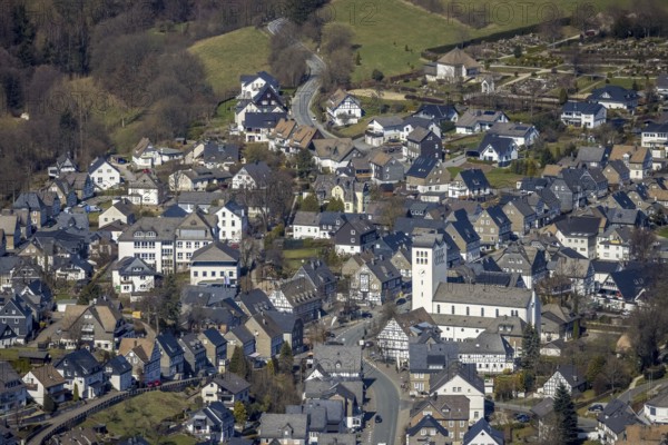 Aerial view, Catholic parish church of St George in Fredeburg, Schmallenberg, Sauerland, North Rhine-Westphalia, Germany, place of worship, DE, Europe, religious community, place of worship, holy place, high street, church, parish, church square, denomination, aerial view, aerial photography, aerial photography, religion, religious site, overview, bird's-eye view, living and life, residential area, birds-eyes view, overview