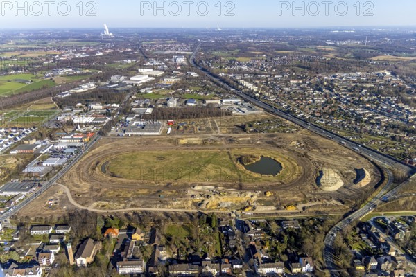 Aerial view, Former racecourse becomes a residential neighbourhood, Project Living by the lake at the trotting track, Hillerheide, Recklinghausen, Ruhr area, North Rhine-Westphalia, Germany, DE, Europe, birds-eyes view, aerial photography, aerial photography, overview, bird's eye view