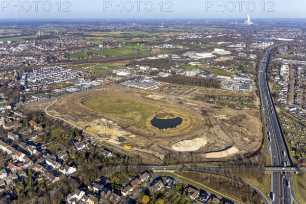 Aerial view, Former racecourse becomes a residential neighbourhood, Project Living by the lake at the trotting track, Hillerheide, Recklinghausen, Ruhr area, North Rhine-Westphalia, Germany, DE, Europe, birds-eyes view, aerial photography, aerial photography, overview, bird's eye view