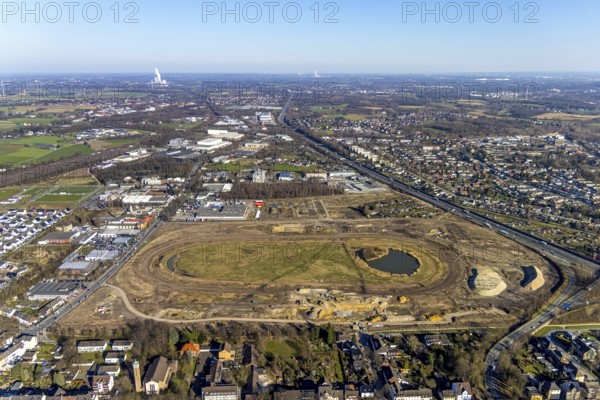 Aerial view, Former racecourse becomes a residential neighbourhood, Project Living by the lake at the trotting track, Hillerheide, Recklinghausen, Ruhr area, North Rhine-Westphalia, Germany, DE, Europe, birds-eyes view, aerial photography, aerial photography, overview, bird's eye view