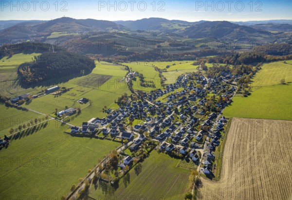 Aerial view, view of Gevelinghausen district in Olsberg, Sauerland, North Rhine-Westphalia, Germany, DE, Europe, hilly landscape, aerial view, aerial photography, aerial photography, Olsberg, overview, bird's eye view, meadows and fields, birds-eyes view, overview