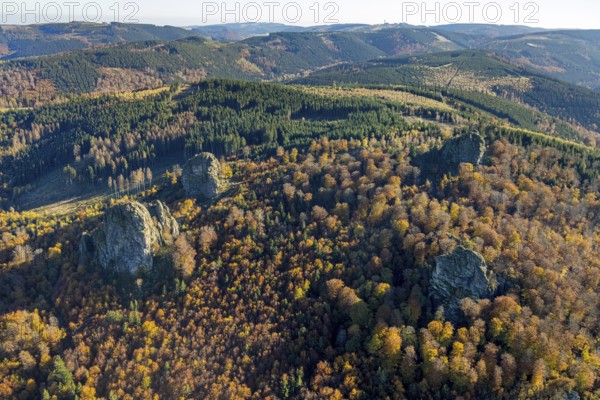 Aerial view, autumn forest and Bruchhauser Steine in the district Bruchhausen in Olsberg, Sauerland, North Rhine-Westphalia, Germany, DE, Europe, geotope with rock formations, landscape conservation area, aerial view, aerial photography, aerial photography, nature reserve, Olsberg, overview, bird's-eye view, birds-eyes view, overview