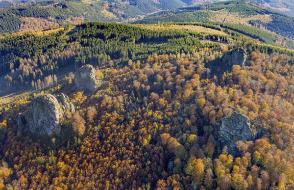 Aerial view, autumn forest and Bruchhauser Steine in the district Bruchhausen in Olsberg, Sauerland, North Rhine-Westphalia, Germany, DE, Europe, geotope with rock formations, landscape conservation area, aerial view, aerial photography, aerial photography, nature reserve, Olsberg, overview, bird's-eye view, birds-eyes view, overview