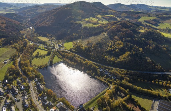 Aerial view, Olsberg reservoir with Ruhr river flow in Olsberg, Sauerland, North Rhine-Westphalia, Germany, DE, Europe, Ruhr river, hilly landscape, landscape conservation area, aerial view, aerial photography, aerial photography, nature reserve, Olsberg, lake, overview, bird's-eye view, overview