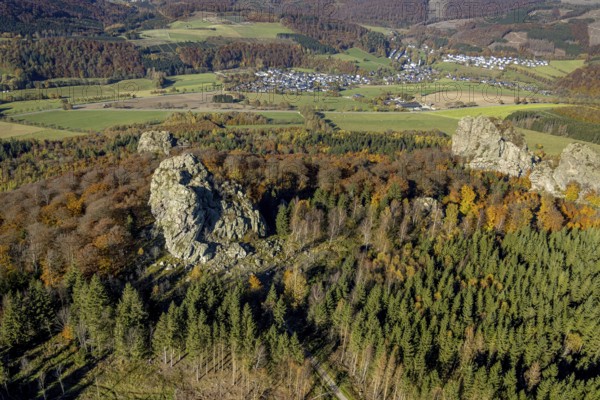Aerial view, autumn forest and Bruchhauser Steine in the district Bruchhausen in Olsberg, Sauerland, North Rhine-Westphalia, Germany, DE, Europe, geotope with rock formations, landscape conservation area, aerial view, aerial photography, aerial photography, nature reserve, Olsberg, overview, bird's-eye view, birds-eyes view, overview