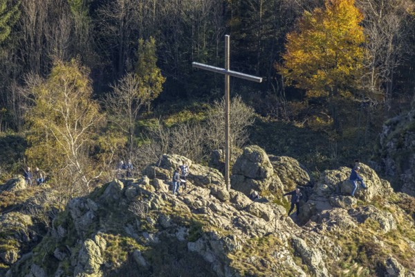 Aerial view, autumn forest and Bruchhauser Steine with summit cross in the district Bruchhausen in Olsberg, Sauerland, North Rhine-Westphalia, Germany, DE, Europe, geotope with rock formations, landscape conservation area, aerial view, aerial photography, aerial photography, nature reserve, Olsberg, overview, bird's eye view, birds-eyes view, overview
