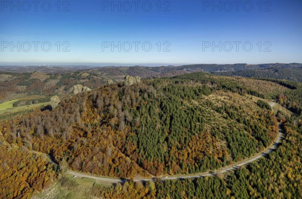 Aerial view, autumn forest and Bruchhauser Steine in the district Bruchhausen in Olsberg, Sauerland, North Rhine-Westphalia, Germany, DE, Europe, geotope with rock formations, landscape conservation area, aerial view, aerial photography, aerial photography, nature reserve, Olsberg, overview, bird's-eye view, birds-eyes view, overview