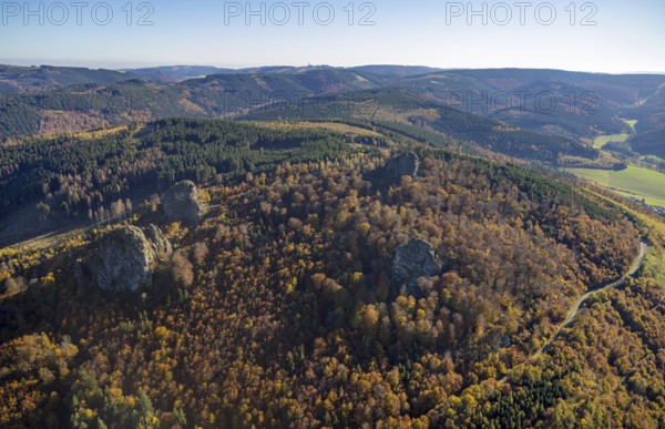 Aerial view, autumn forest and Bruchhauser Steine in the district Bruchhausen in Olsberg, Sauerland, North Rhine-Westphalia, Germany, DE, Europe, geotope with rock formations, landscape conservation area, aerial view, aerial photography, aerial photography, nature reserve, Olsberg, overview, bird's-eye view, birds-eyes view, overview