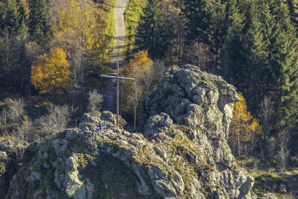 Aerial view, autumn forest and Bruchhauser Steine with summit cross in the district Bruchhausen in Olsberg, Sauerland, North Rhine-Westphalia, Germany, DE, Europe, geotope with rock formations, landscape conservation area, aerial view, aerial photography, aerial photography, nature reserve, Olsberg, overview, bird's eye view, birds-eyes view, overview