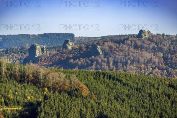 Aerial view, autumn forest and Bruchhauser Steine with summit cross in the district Bruchhausen in Olsberg, Sauerland, North Rhine-Westphalia, Germany, DE, Europe, geotope with rock formations, landscape conservation area, aerial view, aerial photography, aerial photography, mixed forest, nature reserve, Olsberg, overview, bird's eye view, birds-eyes view, overview