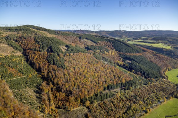 Aerial view, autumn forest and Bruchhauser Steine in the district Bruchhausen in Olsberg, Sauerland, North Rhine-Westphalia, Germany, DE, Europe, geotope with rock formations, landscape conservation area, aerial view, aerial photography, aerial photography, nature reserve, Olsberg, overview, bird's-eye view, birds-eyes view, overview
