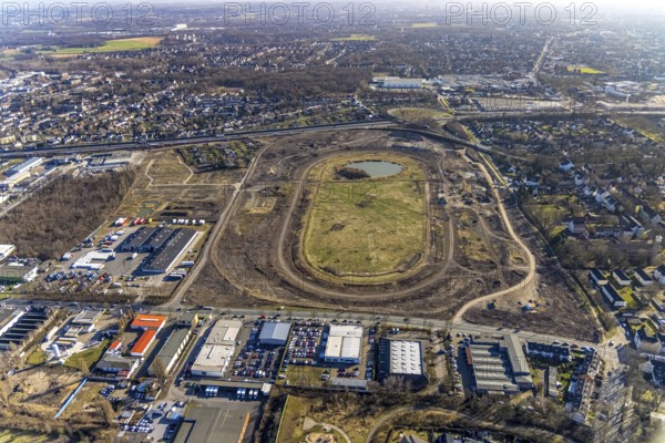 Aerial view, Former racecourse becomes a residential neighbourhood, Project Living by the lake at the trotting track, Hillerheide, Recklinghausen, Ruhr area, North Rhine-Westphalia, Germany, DE, Europe, birds-eyes view, aerial photography, aerial photography, overview, bird's eye view