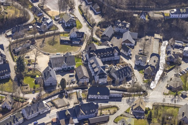 Aerial view, Landhotel Gasthof Schütte in the town centre, Oberkirchen, Schmallenberg, Sauerland, North Rhine-Westphalia, Germany, DE, Europe, half-timbered houses, inn, gastronomy, aerial view, aerial photography, aerial photography, overview, bird's eye view, birds-eyes view, overview