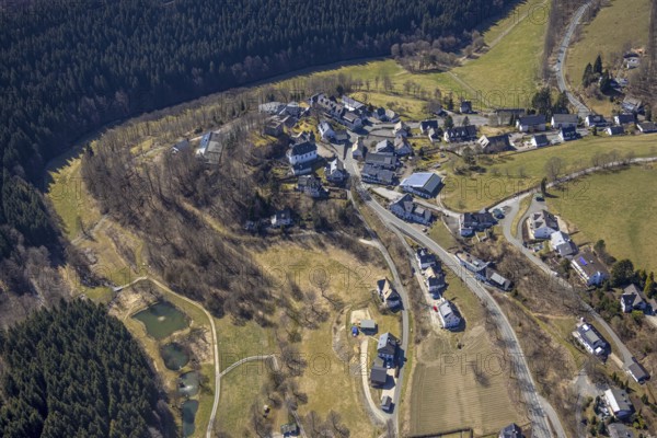 Aerial view, nature reserve Rehhecke, parish church St. Hubertus Nordenau and view of Nordenau, Schmallenberg, Sauerland, North Rhine-Westphalia, Germany, place of worship, DE, Europe, religious community, place of worship, holy place, church, parish, denomination, aerial view, aerial photography, aerial photography, NSG Rehhecke, religion, religious site, overview, bird's-eye view, overview