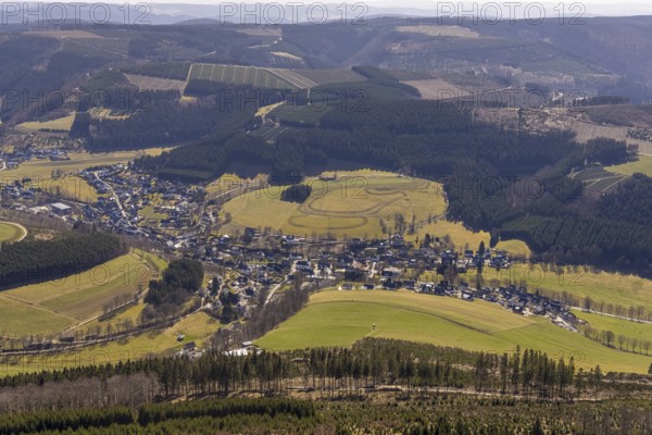 Aerial view, aerial view Westfeld, Schmallenberg, Sauerland, North Rhine-Westphalia, Germany, DE, Europe, distant view, aerial view, aerial photography, aerial photography, townscape, city area, overview, bird's eye view, forest, forest area, birds-eyes view, overview