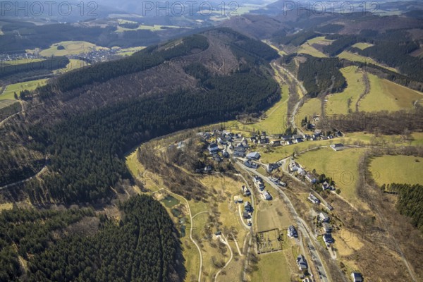 Aerial view, nature reserve Rehhecke, parish church St. Hubertus Nordenau and view of Nordenau, Schmallenberg, Sauerland, North Rhine-Westphalia, Germany, place of worship, mountains and valleys, DE, Europe, religious community, place of worship, holy site, hilly landscape, church, parish, denomination, aerial view, aerial photography, aerial photography, NSG Rehhecke, religion, religious site, overview, bird's-eye view, forest area, birds-eyes view, overview