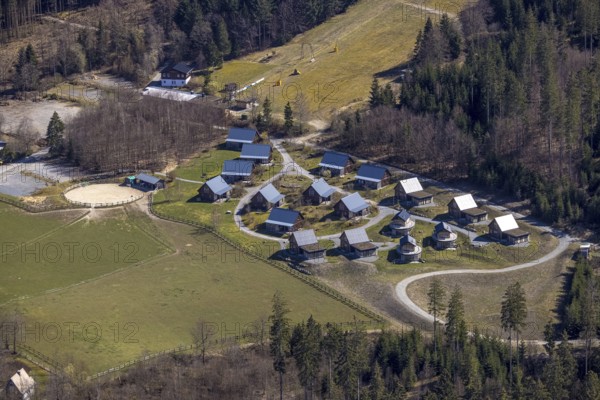 Aerial view, mountain village LiebesGrün, Schmallenberg, Sauerland, North Rhine-Westphalia, Germany, mountain chalets, mountain huts, DE, Europe, Lenninghof, aerial view, aerial photography, aerial photography, overview, holiday area, bird's eye view, birds-eyes view, overview, overnight stay