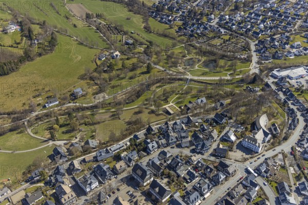 Aerial view, Town Hall, spa garden and New Cemetery, Schmallenberg, Sauerland, North Rhine-Westphalia, Germany, burial site, authority, DE, Europe, cemetery, memorial, Gottesacker, graves, burial ground, aerial photograph, aerial photography, aerial photography, park, resting place, overview, bird's-eye view, bird's-eye view, overview