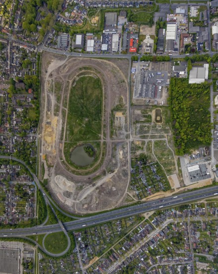 Aerial view of the former trotting track in the Hillerheide district, ISEK project Wohnen am Wasser, district development concept (ISEK) Hillerheide, Hillerheide, Recklinghausen, Ruhr area, North Rhine-Westphalia, Germany, DE, Europe, aerial view, birds-eyes view, aerial photograph, aerial photography, aerial photography, overview, bird's eye view