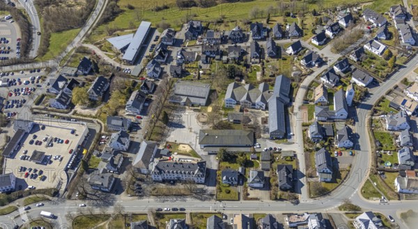 Aerial view, Valentin-Schule and catholic primary school, evang. ChristusKirche, Schmallenberg, Sauerland, North Rhine-Westphalia, Germany, place of worship, education, educational institution, DE, Europe, religious community, place of worship, primary school, property tax, holy place, real estate, church, parish, denomination, educational institute, aerial photograph, aerial photography, aerial photography, religion, religious site, school, overview, bird's eye view, residential area, living and life, residential area, residential buildings, quality of life, residential neighbourhood, housing estate, bird's eye view, overview