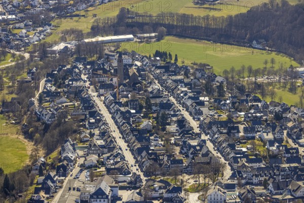 Aerial view, housing estate Weststraße and Oststraße Parallele, St.-Alexander-Kirche, Schützenplatz, Schmallenberg, Sauerland, North Rhine-Westphalia, Germany, place of worship, DE, Europe, religious community, place of worship, property tax, holy place, real estate, church, parish, denomination, aerial photograph, aerial photography, aerial photography, parallel streets, religion, religious site, overview, bird's-eye view, residential area, living and life, residential area, residential buildings, quality of life, residential neighbourhood, housing estate, birds-eyes view, overview