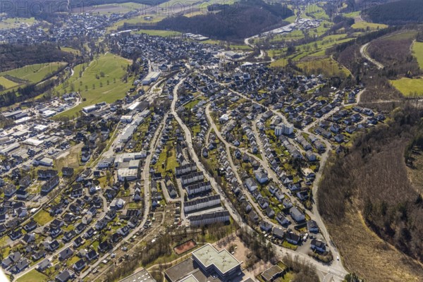 Aerial view, local view, Schmallenberg, Sauerland, North Rhine-Westphalia, Germany, DE, Europe, property tax, real estate, aerial view, aerial photography, aerial photography, Obringhauser Straße, overview, bird's eye view, living and life, residential buildings, birds-eyes view, overview
