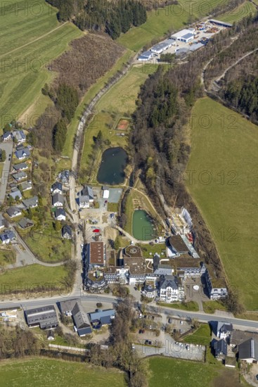 Aerial view, construction site conversion and renovation at the Romantikhotel Deimann, Winkhausen, Schmallenberg, Sauerland, North Rhine-Westphalia, Germany, Alte Handelsstraße, construction work, construction, construction area, building site, building plots, construction project, construction site, café, DE, Europe, inn, gastronomy, hotel, hotel facilities, hotel business, aerial view, aerial photography, aerial photography, renovation, refurbishment, overview, conversion work, bird's eye view, Zum Sorpetal, birds-eyes view, overview