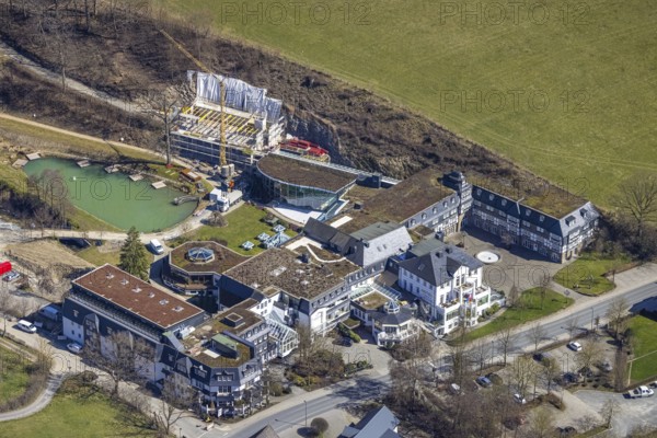 Aerial view, construction site conversion and renovation at the Romantikhotel Deimann, Winkhausen, Schmallenberg, Sauerland, North Rhine-Westphalia, Germany, Alte Handelsstraße, construction work, construction, construction area, building site, building plots, construction project, construction site, café, DE, Europe, inn, gastronomy, hotel, hotel facilities, hotel business, aerial view, aerial photography, aerial photography, renovation, refurbishment, overview, conversion work, bird's eye view, Zum Sorpetal, birds-eyes view, overview