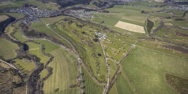 Aerial photo, golf course, Golfclub Schmallenberg e.V., Winkhausen, Schmallenberg, Sauerland, North Rhine-Westphalia, Germany, DE, Europe, golf, golf course, golf club, golf meadow, aerial photo, aerial photography, aerial photography, sports, overview, bird's-eye view, overview