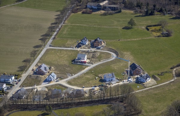 Aerial view, construction site and new construction residential buildings An der Viehbahn, Lenninghof, Schmallenberg, Sauerland, North Rhine-Westphalia, Germany, construction work, construction, construction area, building site, building plots, construction project, construction site, DE, Europe, property tax, real estate, aerial view, aerial photography, aerial photography, new construction, overview, bird's eye view, residential complex, living and living, residential area, residential buildings, residential quality, residential neighbourhood, housing estate, birds-eyes view, overview