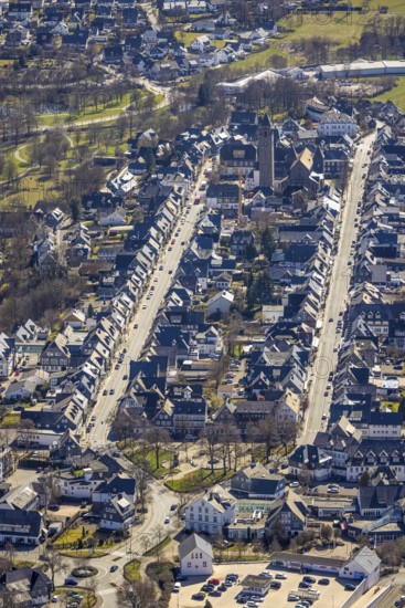 Aerial view, housing estate Weststraße and Oststraße Parallele, St.-Alexander-Kirche, Schützenplatz, Schmallenberg, Sauerland, North Rhine-Westphalia, Germany, place of worship, DE, Europe, religious community, place of worship, property tax, holy place, real estate, church, parish, denomination, aerial photograph, aerial photography, aerial photography, parallel streets, religion, religious site, overview, bird's-eye view, residential area, living and life, residential area, residential buildings, quality of life, residential neighbourhood, housing estate, birds-eyes view, overview
