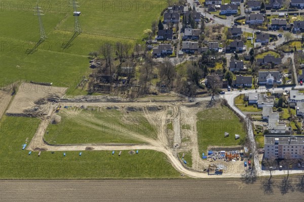 Aerial view, construction site, construction area Altes Feld II, Breslauer Straße, Schmallenberg, Sauerland, North Rhine-Westphalia, Germany, construction area, construction site, building plots, construction project, construction site, DE, Europe, property tax, real estate, aerial view, aerial photography, aerial photography, overview, bird's-eye view, residential area, housing and living, residential area, residential buildings, residential quality, residential neighbourhood, housing estate, birds-eyes view, overview