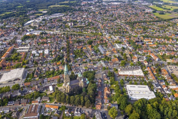 Aerial view, St. Anthony's Basilica Catholic Church in Rheine City in Rheine, Münsterland, North Rhine-Westphalia, Germany, place of worship, DE, Europe, religious community, place of worship, holy place, church, parish, denomination, aerial photograph, aerial photography, aerial photography, religion, religious site, Rheine, overview, bird's-eye view, birds-eyes view, neo-Romanesque church building, overview