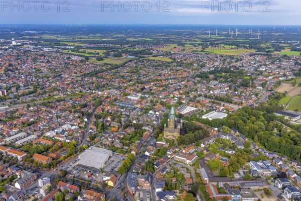 Aerial view, St. Anthony's Basilica Catholic Church in Rheine City in Rheine, Münsterland, North Rhine-Westphalia, Germany, place of worship, DE, Europe, religious community, place of worship, holy place, church, parish, denomination, aerial photograph, aerial photography, aerial photography, religion, religious site, Rheine, overview, bird's-eye view, birds-eyes view, neo-Romanesque church building, overview