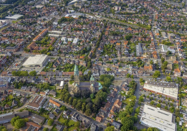 Aerial view, St. Anthony's Basilica Catholic Church in Rheine City in Rheine, Münsterland, North Rhine-Westphalia, Germany, place of worship, DE, Europe, religious community, place of worship, holy place, church, parish, denomination, aerial photograph, aerial photography, aerial photography, religion, religious site, Rheine, overview, bird's-eye view, birds-eyes view, neo-Romanesque church building, overview