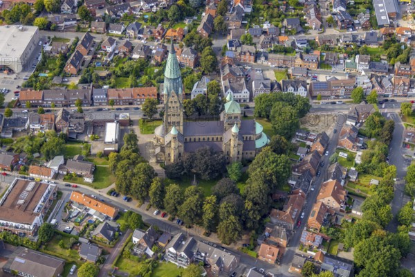 Aerial view, St. Anthony's Basilica Catholic Church in Rheine City in Rheine, Münsterland, North Rhine-Westphalia, Germany, place of worship, DE, Europe, religious community, place of worship, holy place, church, parish, denomination, aerial photograph, aerial photography, aerial photography, religion, religious site, Rheine, overview, bird's-eye view, birds-eyes view, neo-Romanesque church building, overview