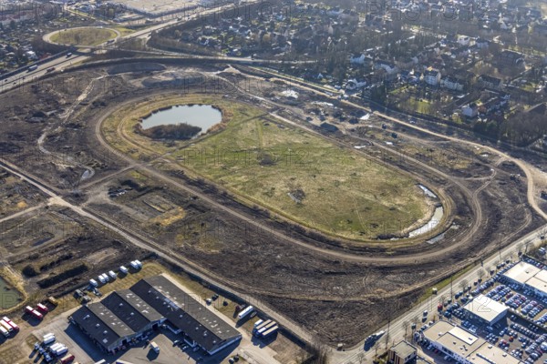 Aerial view, Former racecourse becomes a residential neighbourhood, Project Living by the lake at the trotting track, Hillerheide, Recklinghausen, Ruhr area, North Rhine-Westphalia, Germany, DE, Europe, birds-eyes view, aerial photography, aerial photography, overview, bird's eye view