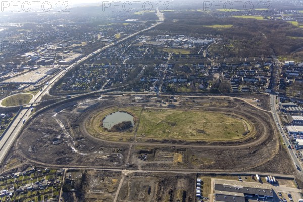 Aerial view, Former racecourse becomes a residential neighbourhood, Project Living by the lake at the trotting track, Hillerheide, Recklinghausen, Ruhr area, North Rhine-Westphalia, Germany, DE, Europe, birds-eyes view, aerial photography, aerial photography, overview, bird's eye view