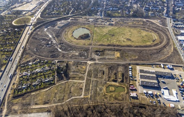 Aerial view, Former racecourse becomes a residential neighbourhood, Project Living by the lake at the trotting track, Hillerheide, Recklinghausen, Ruhr area, North Rhine-Westphalia, Germany, DE, Europe, birds-eyes view, aerial photography, aerial photography, overview, bird's eye view