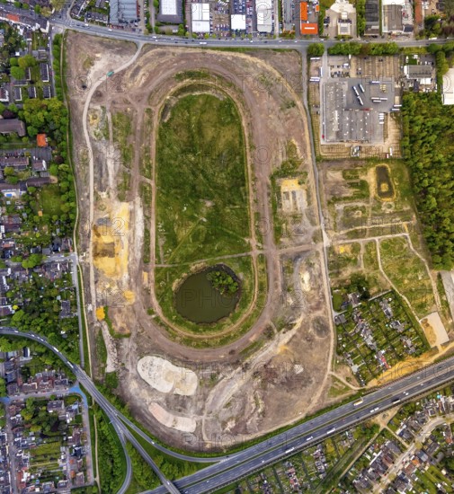 Aerial view of the former trotting track in the Hillerheide district, ISEK project Wohnen am Wasser, district development concept (ISEK) Hillerheide, Hillerheide, Recklinghausen, Ruhr area, North Rhine-Westphalia, Germany, DE, Europe, aerial view, birds-eyes view, aerial photograph, aerial photography, aerial photography, overview, bird's eye view