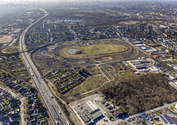 Aerial view, Former racecourse becomes a residential neighbourhood, Project Living by the lake at the trotting track, Hillerheide, Recklinghausen, Ruhr area, North Rhine-Westphalia, Germany, DE, Europe, birds-eyes view, aerial photography, aerial photography, overview, bird's eye view