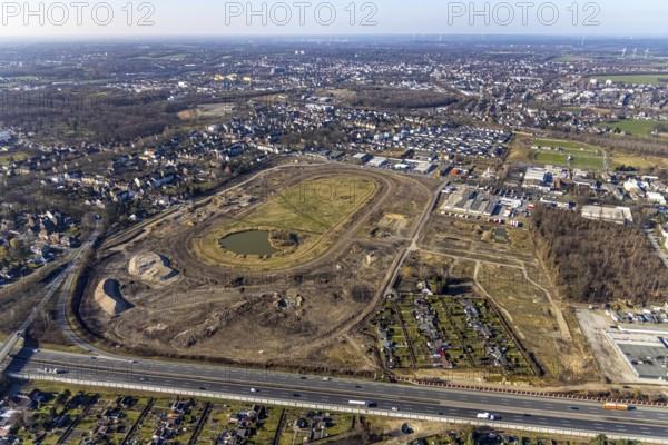 Aerial view, Former racecourse becomes a residential neighbourhood, Project Living by the lake at the trotting track, Hillerheide, Recklinghausen, Ruhr area, North Rhine-Westphalia, Germany, DE, Europe, birds-eyes view, aerial photography, aerial photography, overview, bird's eye view
