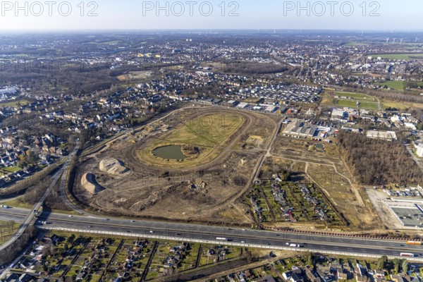 Aerial view, Former racecourse becomes a residential neighbourhood, Project Living by the lake at the trotting track, Hillerheide, Recklinghausen, Ruhr area, North Rhine-Westphalia, Germany, DE, Europe, birds-eyes view, aerial photography, aerial photography, overview, bird's eye view