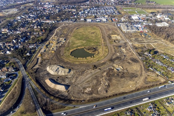 Aerial view, Former racecourse becomes a residential neighbourhood, Project Living by the lake at the trotting track, Hillerheide, Recklinghausen, Ruhr area, North Rhine-Westphalia, Germany, DE, Europe, birds-eyes view, aerial photography, aerial photography, overview, bird's eye view