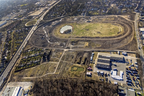 Aerial view, Former racecourse becomes a residential neighbourhood, Project Living by the lake at the trotting track, Hillerheide, Recklinghausen, Ruhr area, North Rhine-Westphalia, Germany, DE, Europe, birds-eyes view, aerial photography, aerial photography, overview, bird's eye view