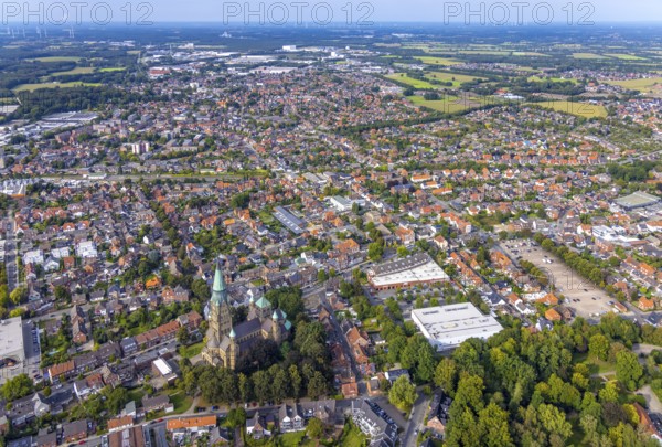 Aerial view, St. Anthony's Basilica Catholic Church in Rheine City in Rheine, Münsterland, North Rhine-Westphalia, Germany, place of worship, DE, Europe, religious community, place of worship, holy place, church, parish, denomination, aerial photograph, aerial photography, aerial photography, religion, religious site, Rheine, overview, bird's-eye view, birds-eyes view, neo-Romanesque church building, overview